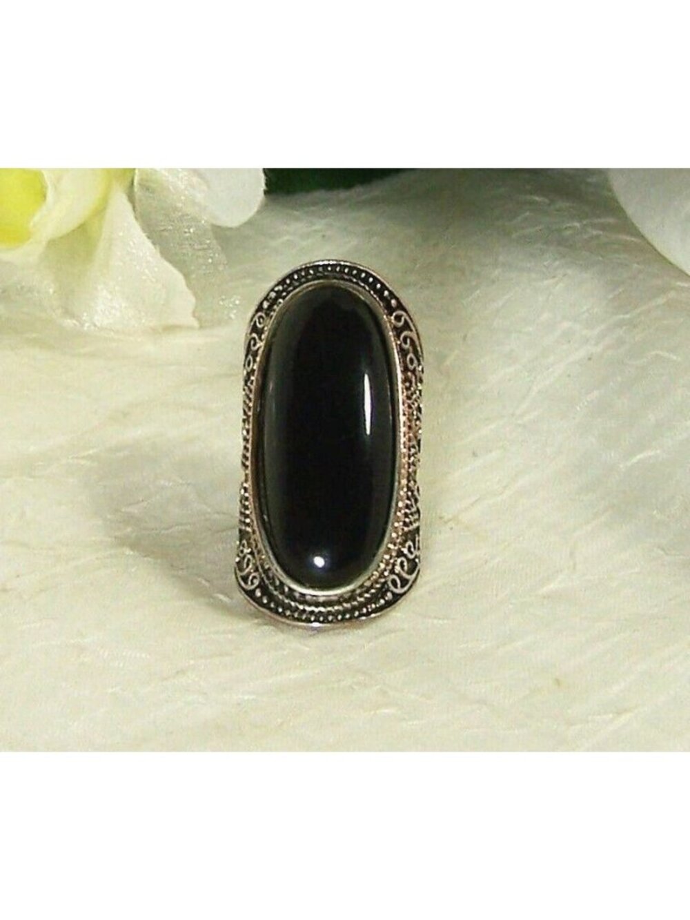 Black Onyx Open Back Bezel Set Long Knuckle Ring Victorian Silver Tone Sz 4 3/4